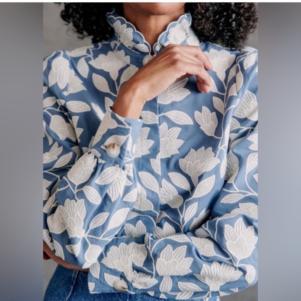 Sezane Ambre Shirt Ecru Flowers On Blue Background With Contrasting Embroidery